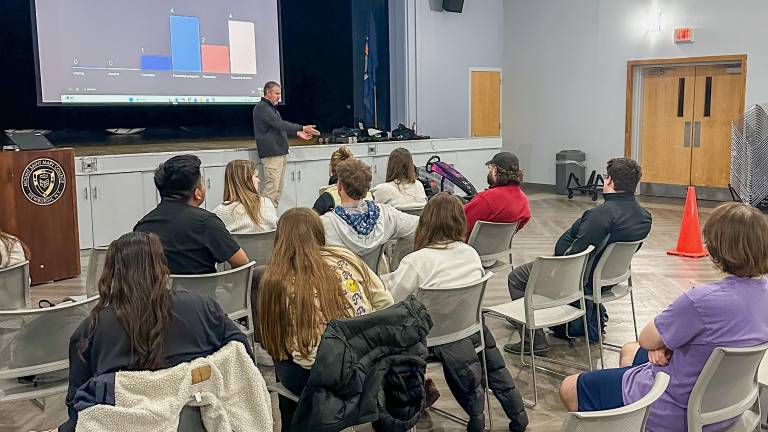 Det. Andrew Kryger, Youth Bureau Officer at the Stony Point Police Department, discusses the dangers of driving while impaired or distracted at a recent workshop at Mount Saint Mary College.