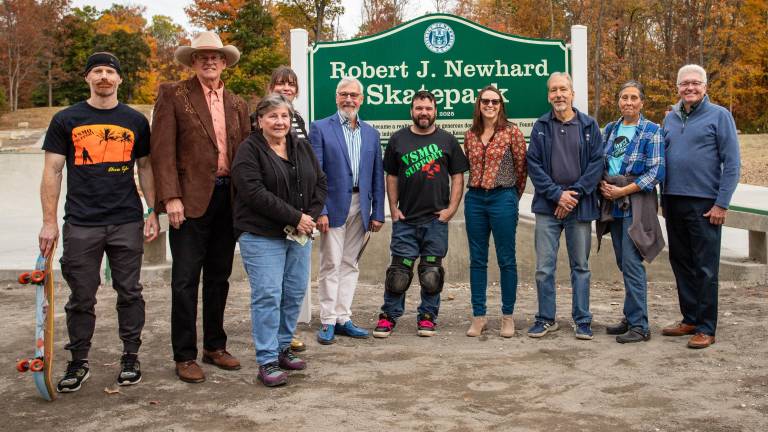 Warwick Skatepark Initiative (WSI) members Patrick Tyler, Bill Lindberg and Lynn Ruvolo, Trustee Mary Collura, Mayor Michael Newhard, WSI member Steve Wanczowski, park liaison Carly Foster, WSI members Dave Gatz, Donna Kaminski, and County Legislator Barry Cheney.