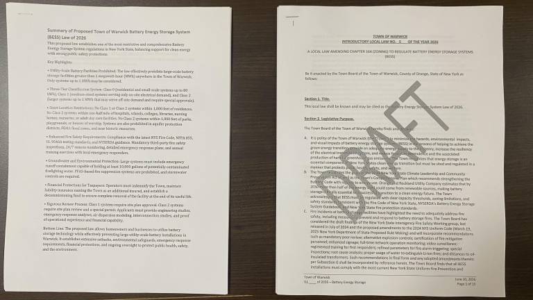 Copy of the Town of Warwick’s proposed battery storage law, on view at the July 23 public hearing.