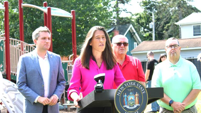 Sen. James Skoufis joins Superintendent Sarah Hadden, Greenwood Lake Mayor Thomas Howley and members of the Greenwood Lake school board to announce state funding for the district’s clubs and field trips.