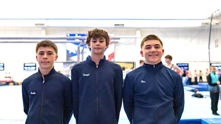 L-R: Austin Frommer, Danyal Hafeez and Macklin Tomlinson will compete at the USA Gymnastics Men’s Eastern National Championships.