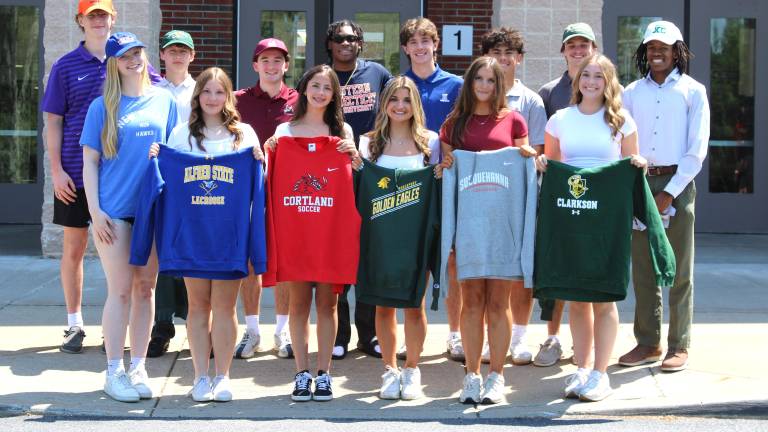 Left to right on a front: Genevieve Boyle, Laci Annunziato, Samara Beauregard, Reese Girardi, Madelyn McSweeney, Madison Jakubek. Left to right (second row): Tom Knox, Klaus Lindenau, Joseph Cerulli, Aaron Callender, Dylan Gjertsen, Matt Slaybaugh, Tom Ronan, Logan Conley.