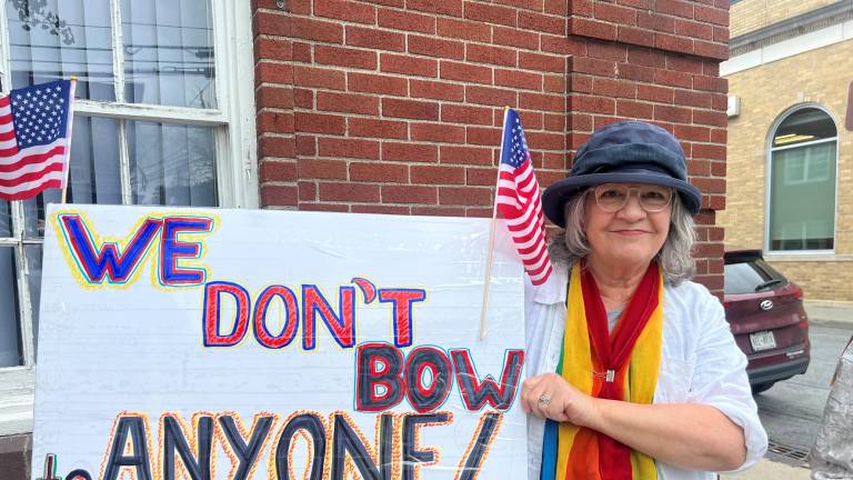 Joan Tirrell of Warwick during the June 14, 2025 “No Kings Day” rally on Main Street.