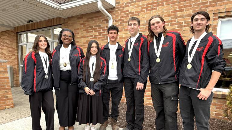 OUB’s SkillsUSA medal winners! (left to right): Grace Coleman (Pine Bush CSD), silver medal, Medical Assisting; Savannah Collins (Enlarged City School District of Middletown) gold medal, Early Childhood Education; Kayla Lee (Pine Bush CSD) silver medal, Medical Terminology; Craig Brown, (Washingtonville CSD), gold medal, Carpentry; and the Welding Fabrication Team, which won a gold medal: and Patrick Frawley (Minisink Valley CSD), Brady Witkowski (Minisink Valley CSD) and Patrick Frawley (Minisink Valley CSD). Not pictured: Dayanara Garcia (Enlarged City School District of Middletown), gold medal, Nail Care.