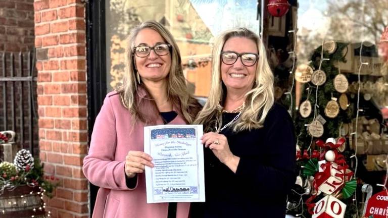 Co-chairs Nicole Repose, owner of Etched in Time Engraving, and Barbara Sullivan, owner of Hip &amp; Chic Boutique with the Home for the Holidays poster.