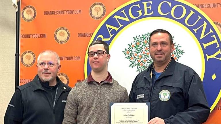 Joshua Klotz (center) with Orange County Legislator Tom Faggione, (left) and County Executive Steve Neuhaus.